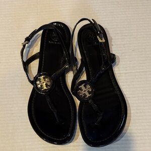 Tory Burch Black Thong Sandals with Gold Emblem